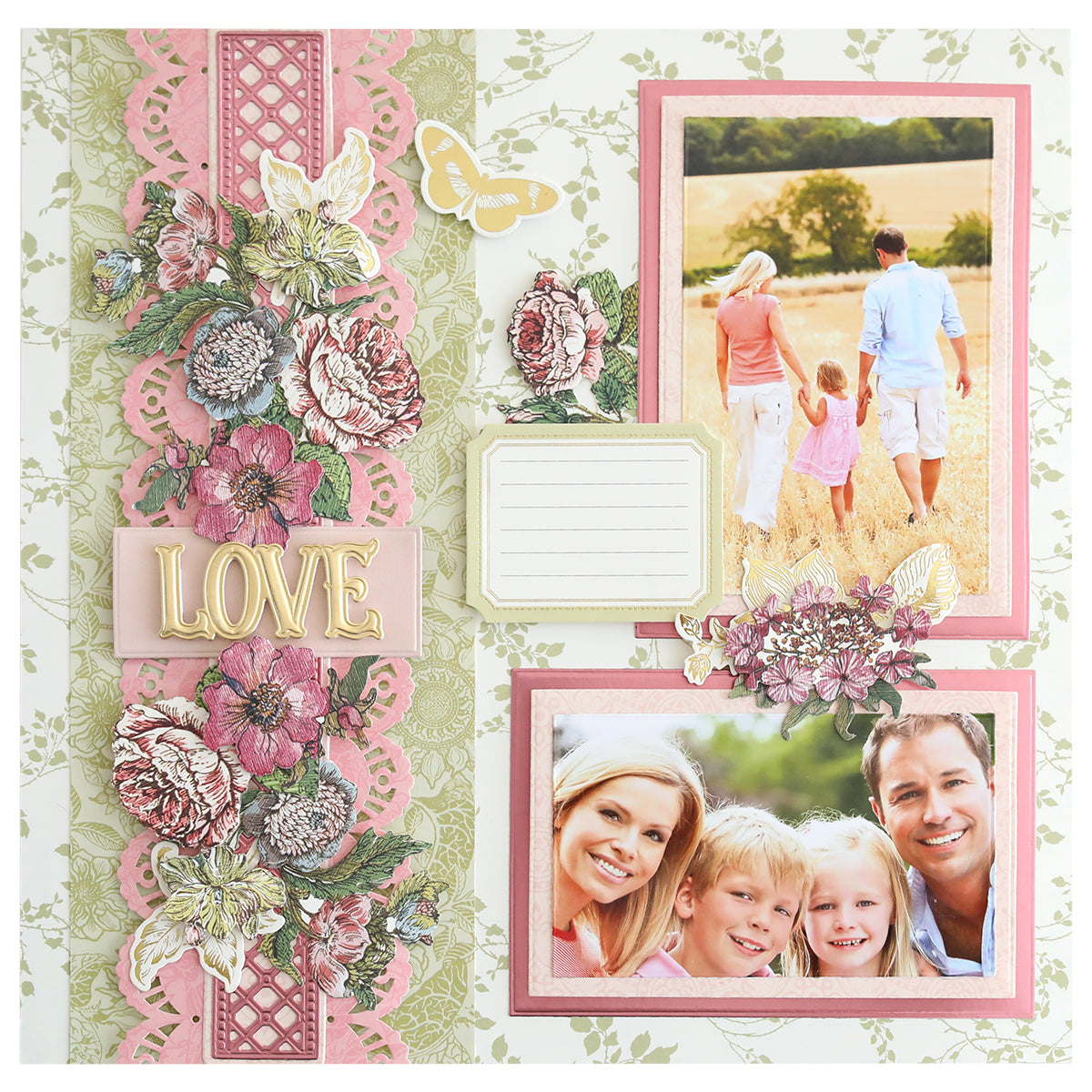 Create a charming scrapbook page with the Concentric Rectangle Dies—showcasing two family photos, pink florals, a butterfly, "LOVE," and a journaling space. Perfect inspiration for your next scrapbooking or card making project!.