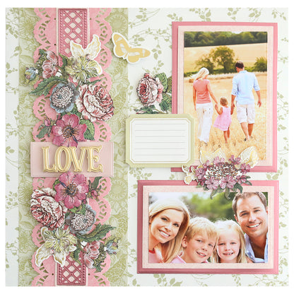 Create a charming scrapbook page with the Concentric Rectangle Dies—showcasing two family photos, pink florals, a butterfly, "LOVE," and a journaling space. Perfect inspiration for your next scrapbooking or card making project!.