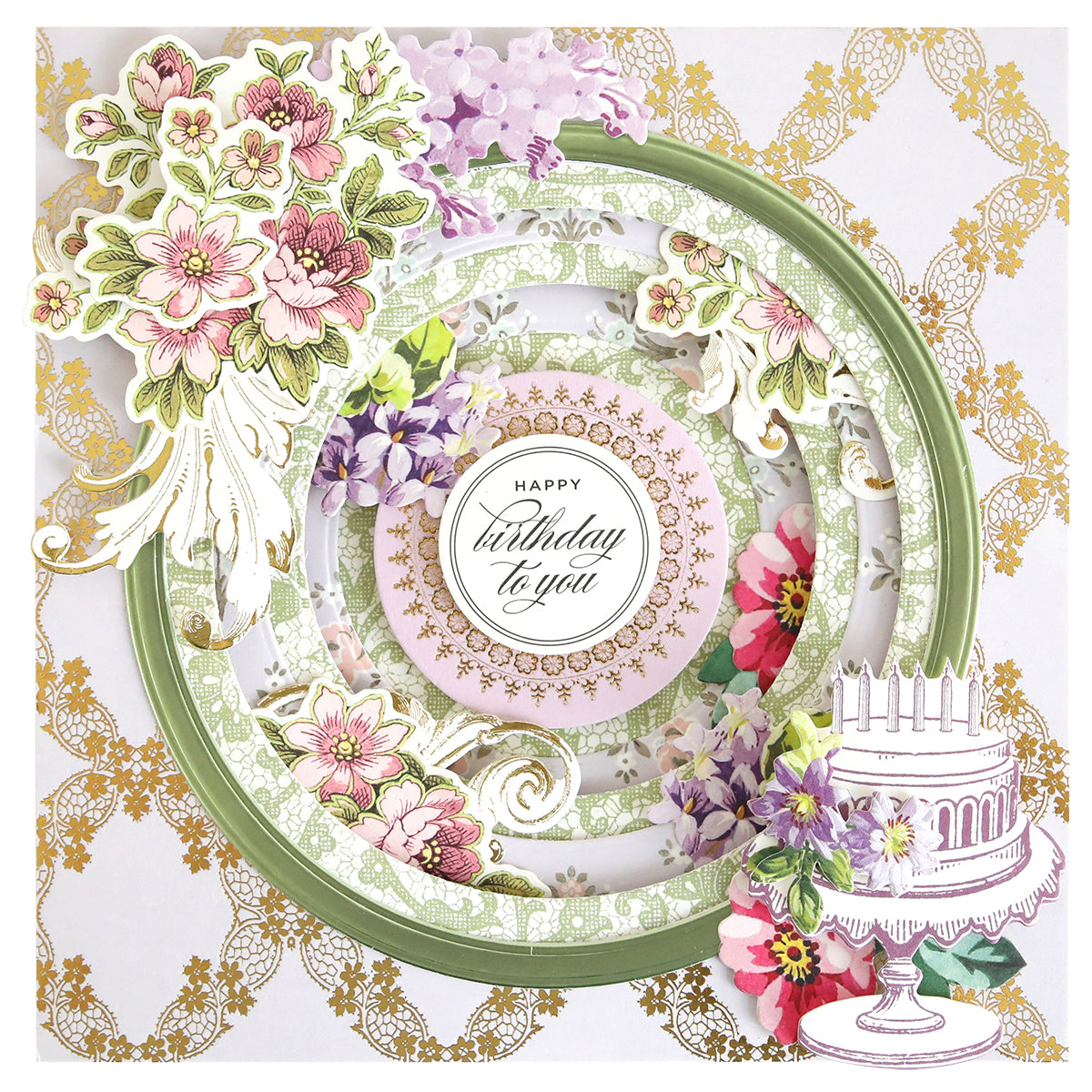 Birthday card crafted with the Concentric Shape Dies Bundle (all 4 sets) featuring layered green and floral designs, a gold-patterned background, white cake illustration, and a central "Happy Birthday to You" sentiment.