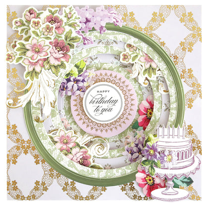 Birthday card crafted with the Concentric Shape Dies Bundle (all 4 sets) featuring layered green and floral designs, a gold-patterned background, white cake illustration, and a central "Happy Birthday to You" sentiment.