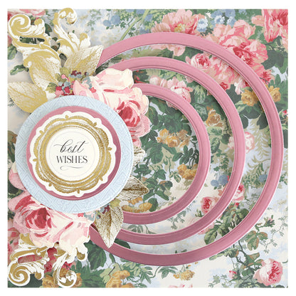 Showcase elegant layered designs with this decorative card featuring pink floral patterns, three pink rings made with Concentric Circle Dies, gold accents, and a round "best WISHES" label in the center.