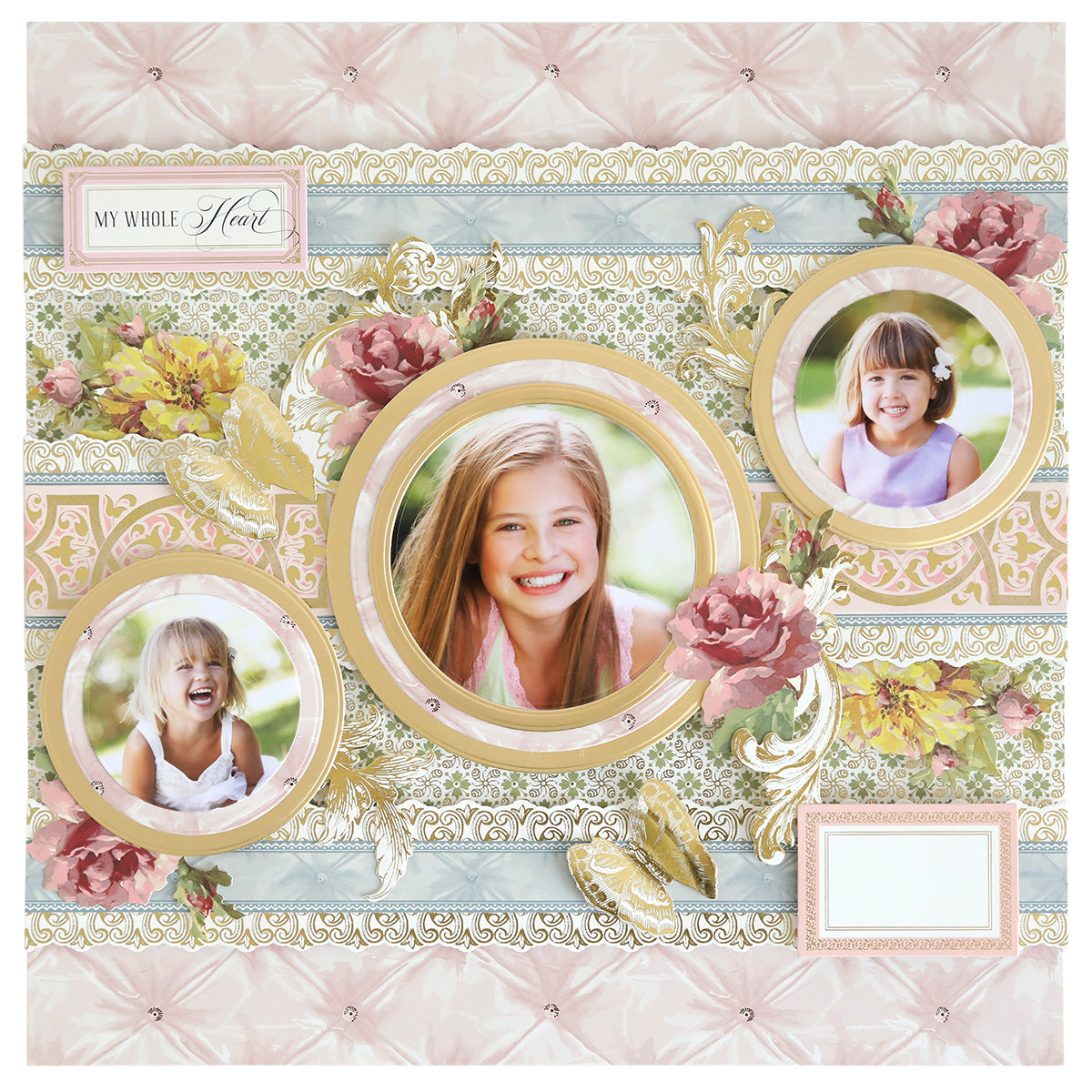 A decorative photo collage of three smiling girls, layered with floral and ornate patterns made using Concentric Circle Dies, featuring a "My Whole Heart" label in the top left corner.