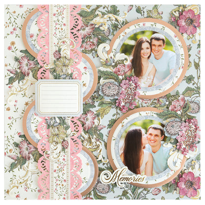 A scrapbook page featuring floral patterns, two smiling couple photos cut using Concentric Circle Dies, decorative trim, a lined journaling area, and "Memories" written in script.