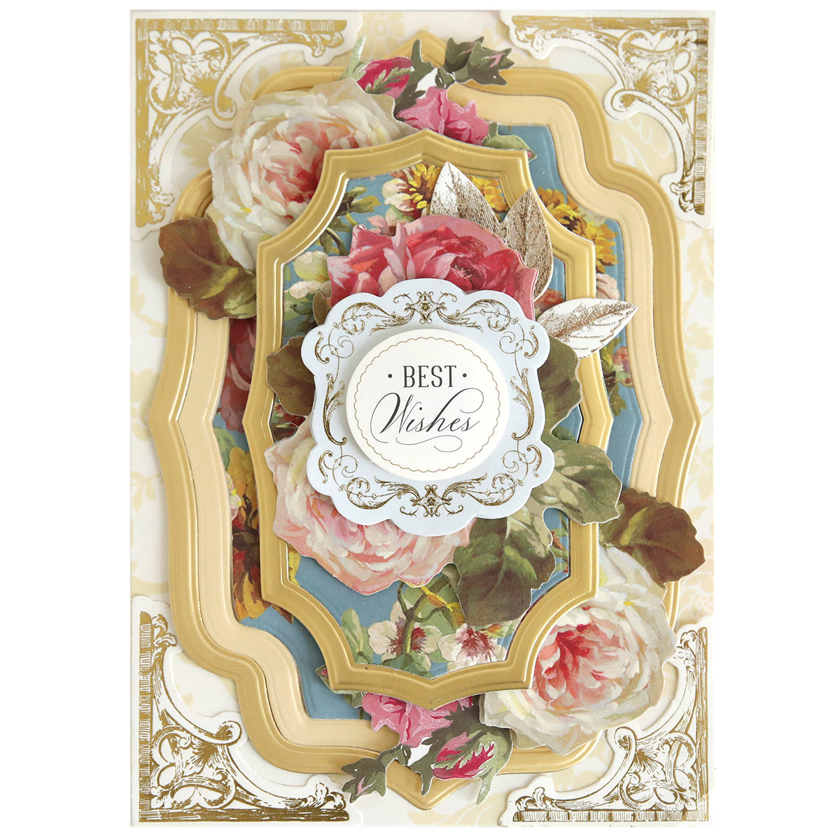 A decorative greeting card made with the Concentric Shape Dies Bundle (all 4 sets), layered with gold frames, adorned with pink roses and leaves, and featuring "Best Wishes" in the center.