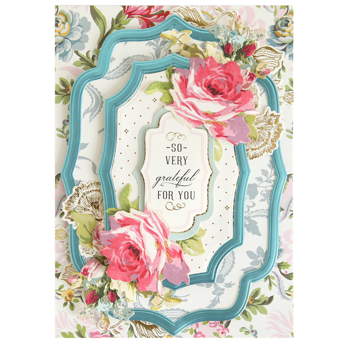 Create stunning cards with the Concentric Bubble Dies—featuring scalloped blue and white layers, pink floral accents, and “So very grateful for you” at the center—perfect for card making enthusiasts.
