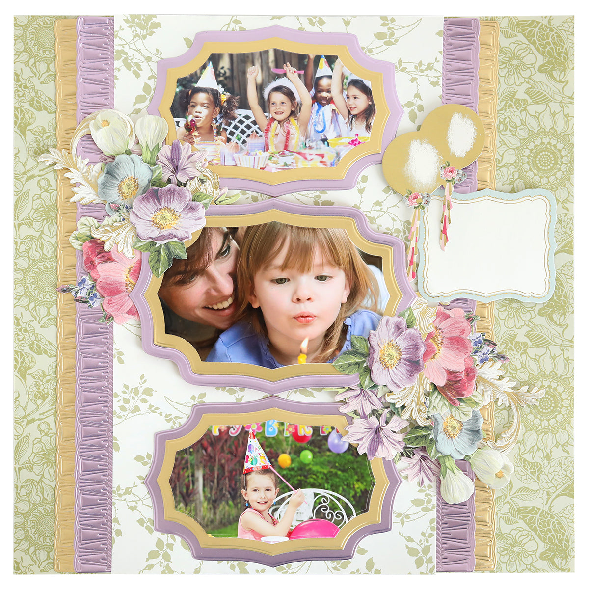 Scrapbook page with three birthday party photos, floral decorations, scalloped layers, balloon accents, and a patterned background. Perfect for card making or pairing with Concentric Bubble Dies for creative bubble-shaped designs.
