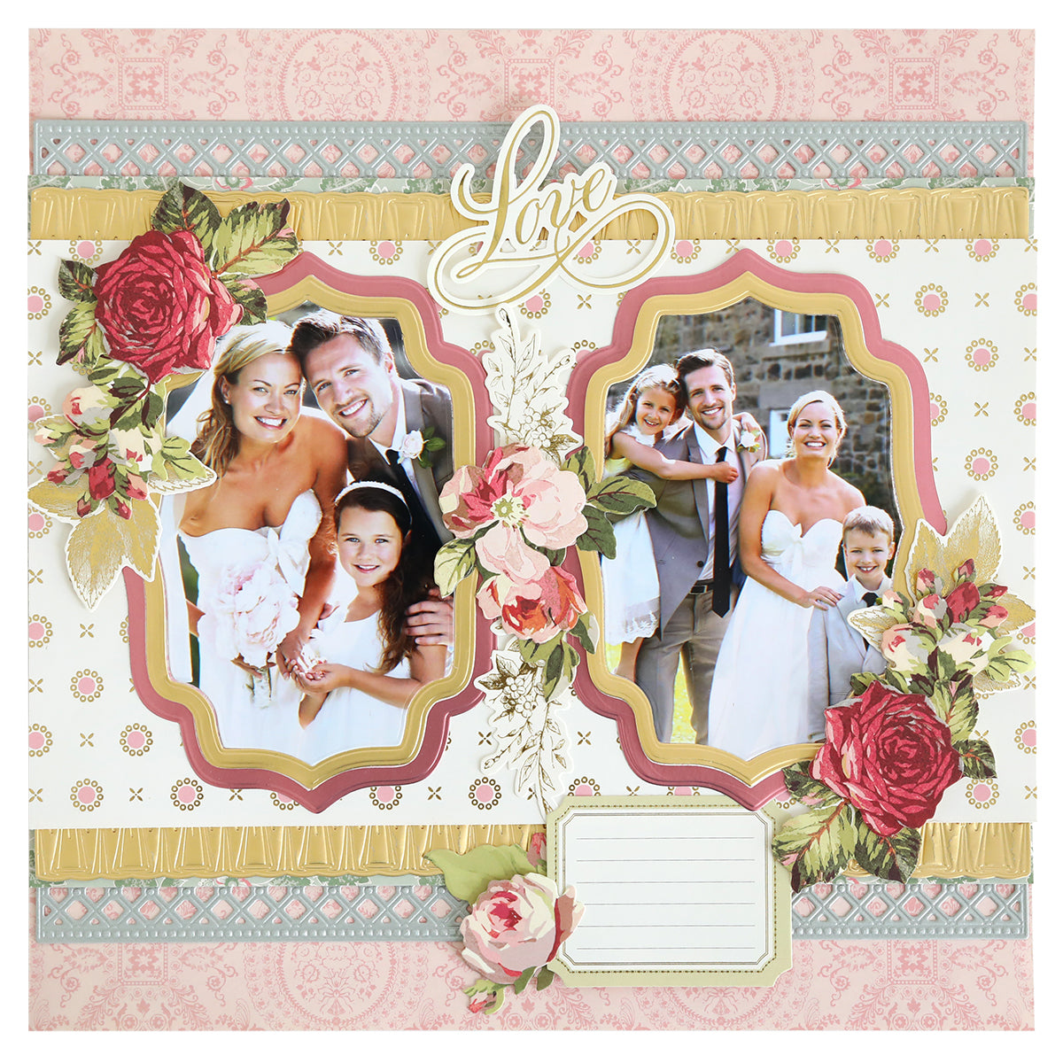 A decorated scrapbook page features two framed wedding photos of a bride, groom, and two children with scalloped layers and floral accents created using the Concentric Bubble Dies. "Love" appears at the top of this card-making inspired design.