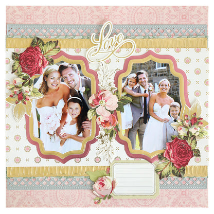 A decorated scrapbook page features two framed wedding photos of a bride, groom, and two children with scalloped layers and floral accents created using the Concentric Bubble Dies. "Love" appears at the top of this card-making inspired design.