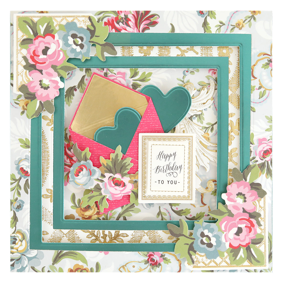 A decorative birthday card made with the Concentric Shape Dies Bundle (all 4 sets), featuring floral patterns, layered frames, an envelope with heart shapes, and a "Happy Birthday To You" label.