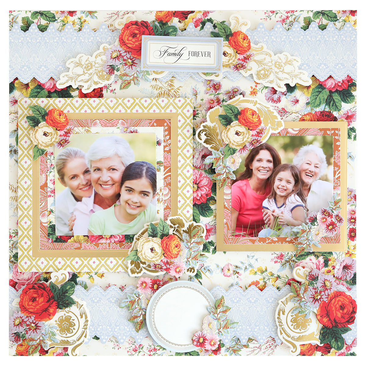 A decorative scrapbook page features two photos of three women and a young girl, surrounded by floral embellishments and a "Family Forever" sign. Accents are crafted with Concentric Square Dies for extra detail.