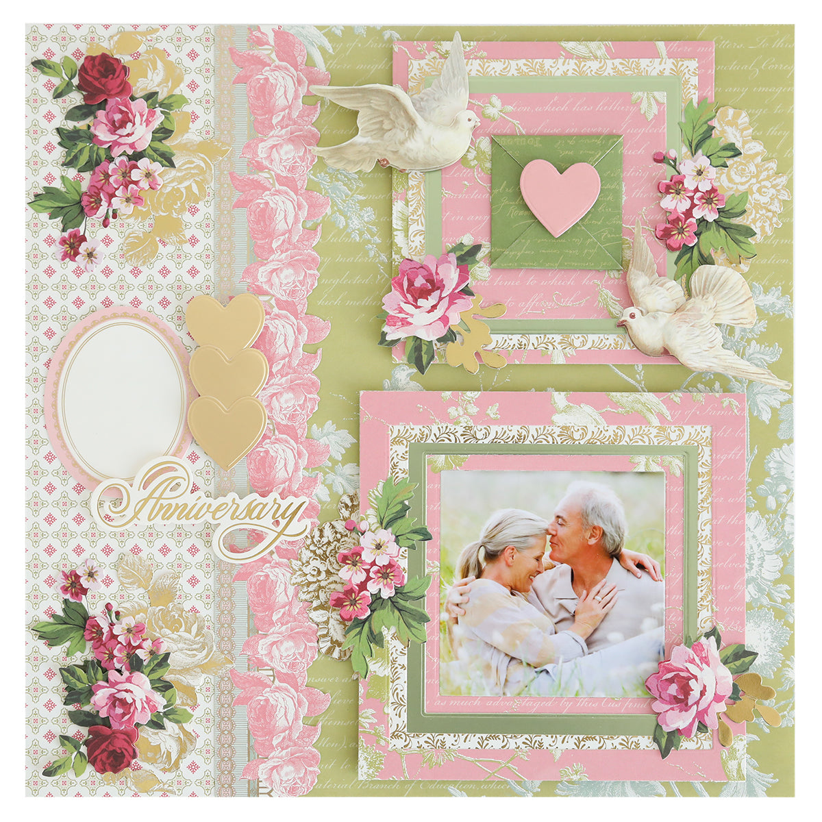 Scrapbook page with floral patterns, gold accents, two doves, hearts, and a photo of a senior couple embracing labeled "Anniversary," featuring Concentric Square Dies for added delicate detail.