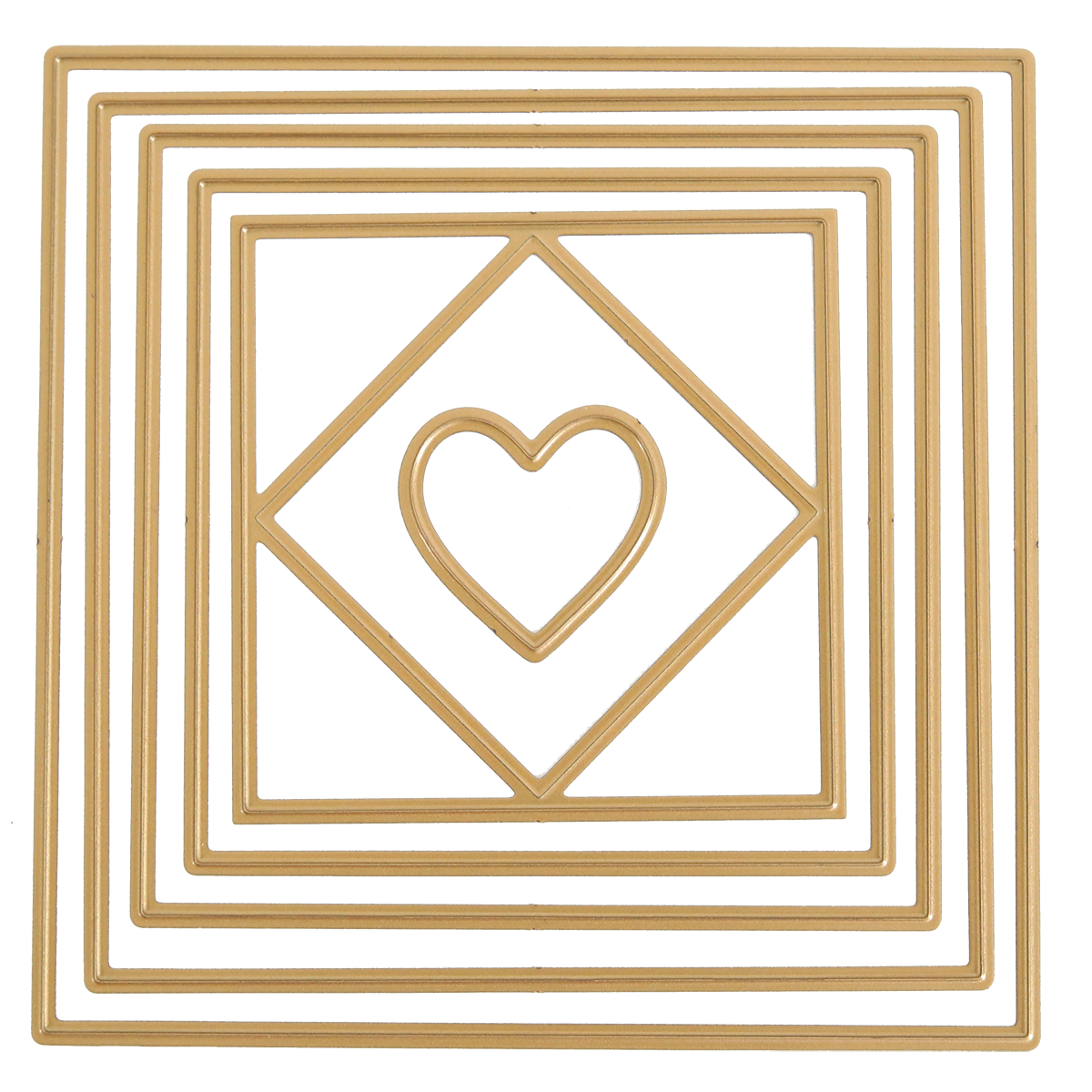 Concentric Square Dies: Gold metal dies for nested square frames, featuring a heart in the center. Ideal for shaker cards and creative crafts, displayed on a white background.