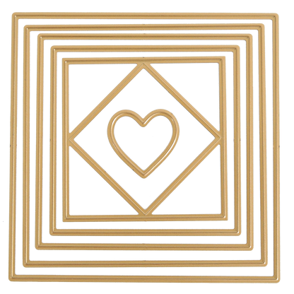 Concentric Square Dies: Gold metal dies for nested square frames, featuring a heart in the center. Ideal for shaker cards and creative crafts, displayed on a white background.