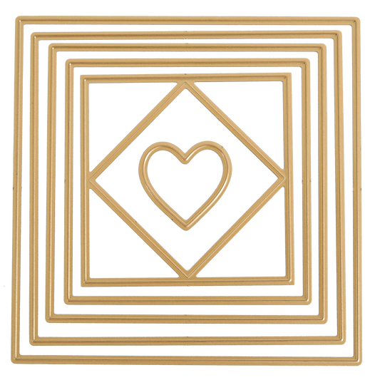 Concentric Square Dies: Gold metal dies for nested square frames, featuring a heart in the center. Ideal for shaker cards and creative crafts, displayed on a white background.