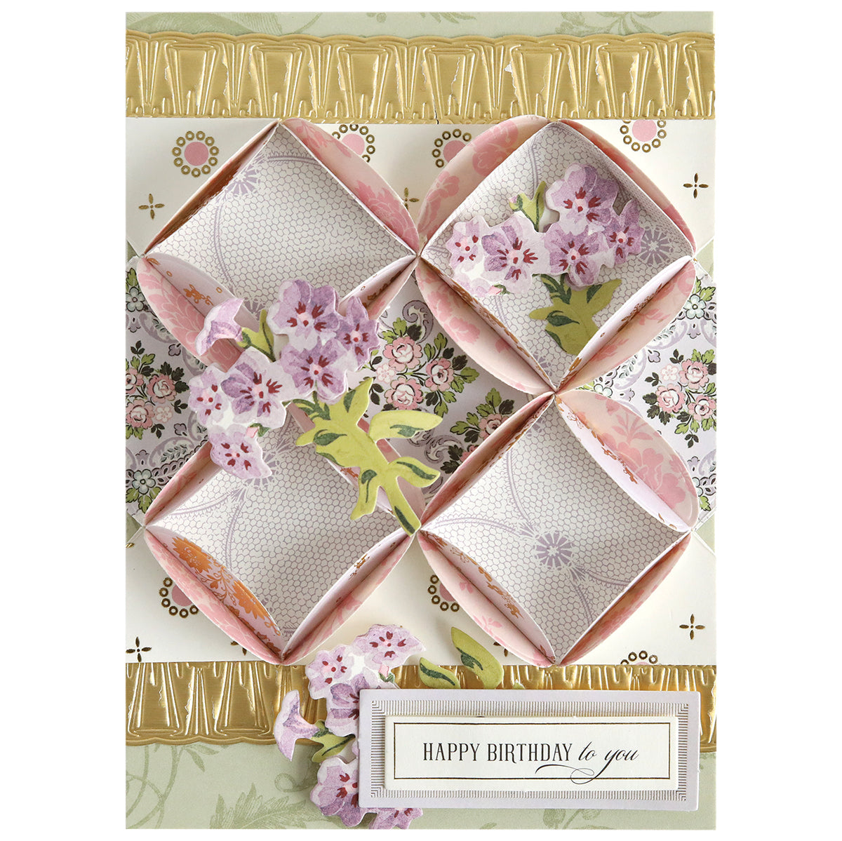 A decorative birthday card made with Turned Edge Dies, featuring layered floral designs, diamond-shaped paper folds, and a "Happy Birthday to you" message at the bottom.
