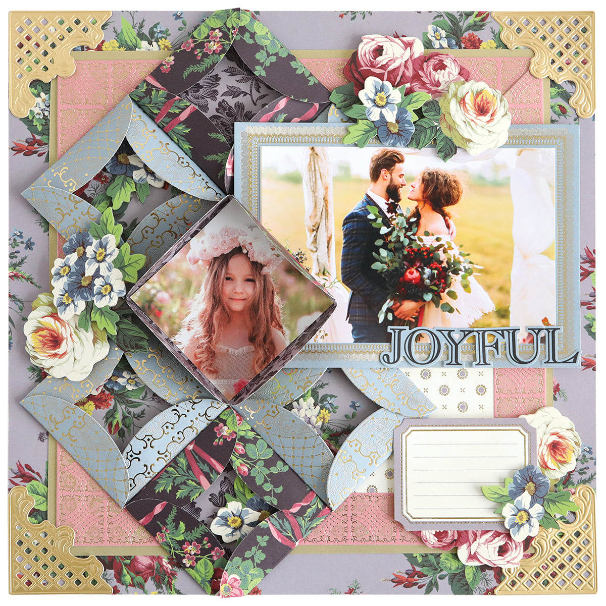A decorative scrapbook page features floral patterns and dimensional designs made with Turned Edge Dies, a smiling girl wearing a flower crown, an outdoor couple, and the word "JOYFUL" next to a blank label.