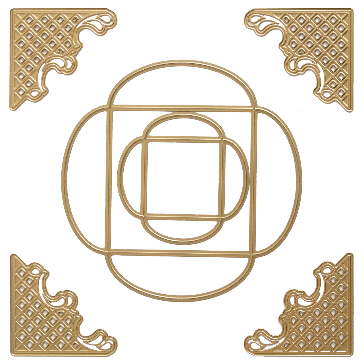 Turned Edge Dies create striking dimension with gold geometric cutouts—four decorative corners and a central abstract circle and square—on a white background.
