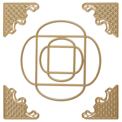 Turned Edge Dies create striking dimension with gold geometric cutouts—four decorative corners and a central abstract circle and square—on a white background.