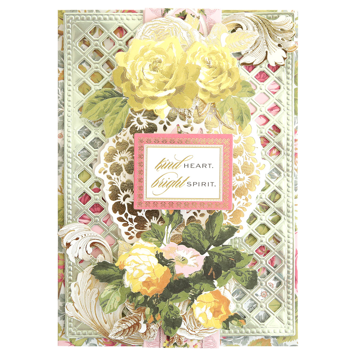 Greeting card made with Luxury Rose Collection Green Matte Foil Cardstock, featuring a floral design, lattice pattern, and “kind HEART. bright SPIRIT.” message in a decorative frame—ideal for card making.