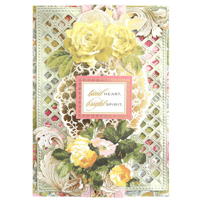 Greeting card made with Luxury Rose Collection Green Matte Foil Cardstock, featuring a floral design, lattice pattern, and “kind HEART. bright SPIRIT.” message in a decorative frame—ideal for card making.