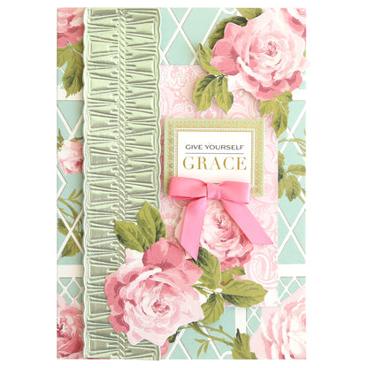 Elevate your card making with the Luxury Rose Collection Green Matte Foil Cardstock—featuring pink roses, green foliage, a ruched ribbon, pink bow, and the phrase "GIVE YOURSELF GRACE" for an elegant floral touch.