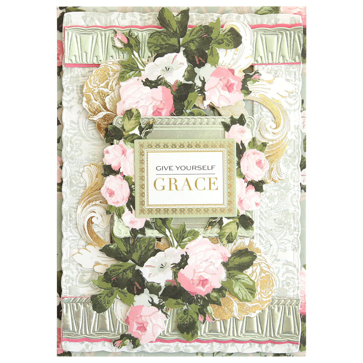 The Luxury Rose Collection Green Matte Foil Cardstock features a decorative journal cover with pink and white flowers, green leaves, gold accents, and "GIVE YOURSELF GRACE"—ideal for journaling or card making projects.