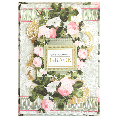 The Luxury Rose Collection Green Matte Foil Cardstock features a decorative journal cover with pink and white flowers, green leaves, gold accents, and "GIVE YOURSELF GRACE"—ideal for journaling or card making projects.