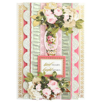 The Luxury Rose Collection Green Matte Foil Cardstock features pink and white flowers, green leaves, and gold accents with the message "kind HEART. bright SPIRIT."—ideal for card making or heartfelt gifts.