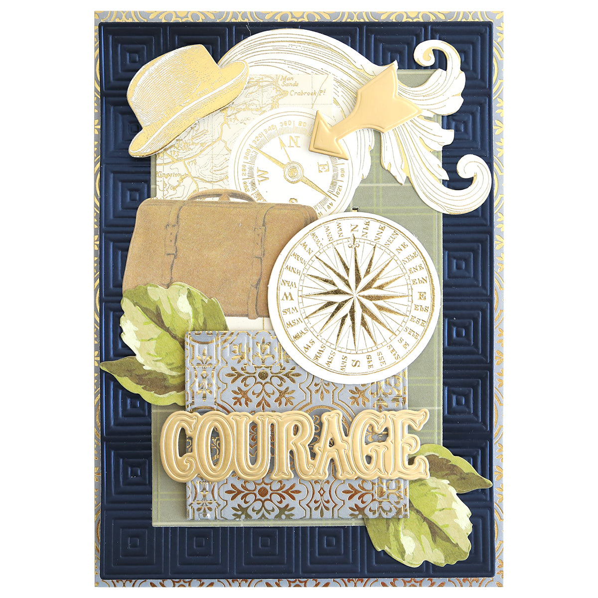 Part of the Celebration Foil Cardstock Collection, this decorative card showcases the word “COURAGE” in gold foil letters, accompanied by intricate images of a compass, clock, hat, leaves, and a suitcase on a richly embossed navy background. Crafted from luxurious foil stamped cardstock, this elegant piece is ideal for paper craft enthusiasts who value exquisite detailing and high-end finishes.