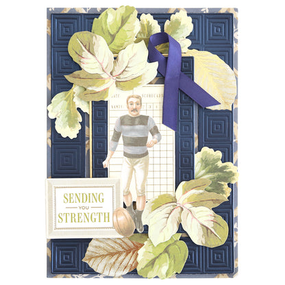 Featuring a vintage football player, a purple ribbon, leafy decorations, and a “Sending You Strength” sign set against a textured blue background, this card is expertly crafted from the Celebration Foil Cardstock Collection. The premium navy matte foil cardstock highlights the elegant paper craft details, delivering an uplifting message with timeless style.