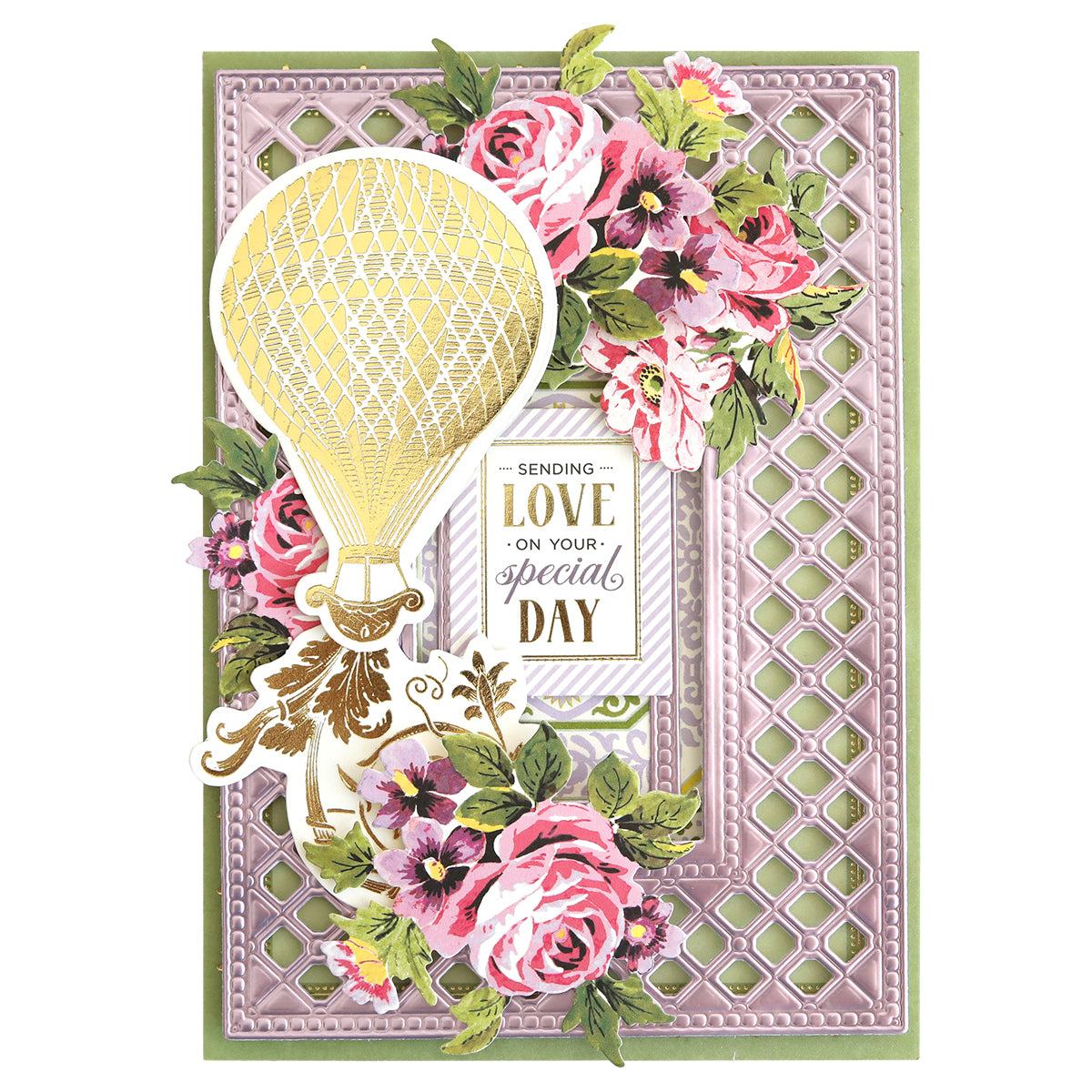 Decorative greeting card crafted from Luxury Charlie Matte Foil Cardstock, featuring a gold hot air balloon, pink flowers, and “Sending love on your special day” on a lattice background with elegant premium die cuts.