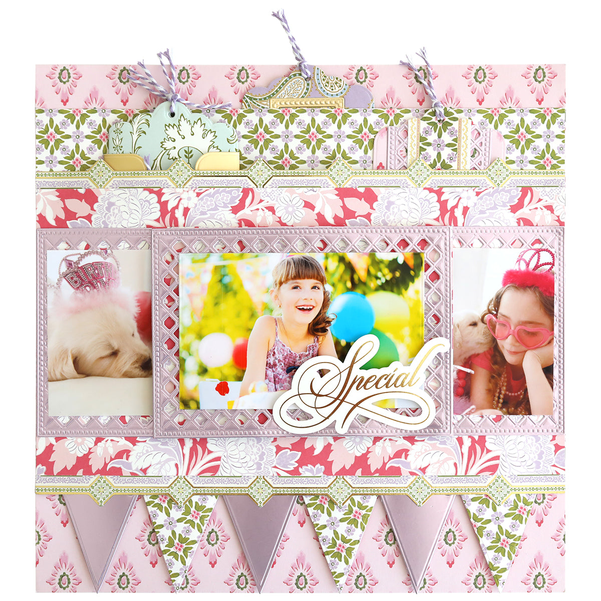 A decorative scrapbook page made with Luxury Charlie Matte Foil Cardstock features pink floral patterns, die cuts, three photos of a girl and a dog, plus "Special" in cursive on the central photo.
