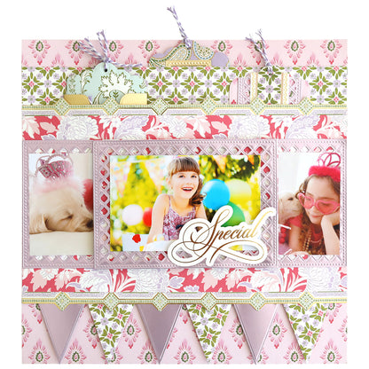 A decorative scrapbook page made with Luxury Charlie Matte Foil Cardstock features pink floral patterns, die cuts, three photos of a girl and a dog, plus "Special" in cursive on the central photo.