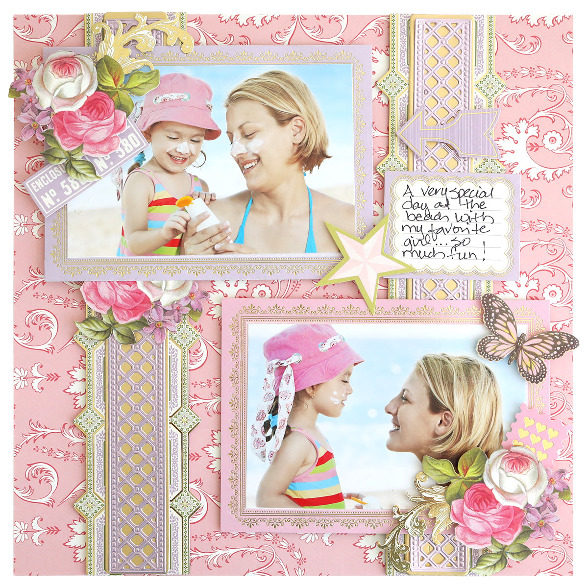 A decorated scrapbook page features two beach photos of a smiling woman and child, accented with floral, butterfly, and star die cuts made from Luxury Charlie Matte Foil Cardstock, plus a handwritten note for a personal touch.