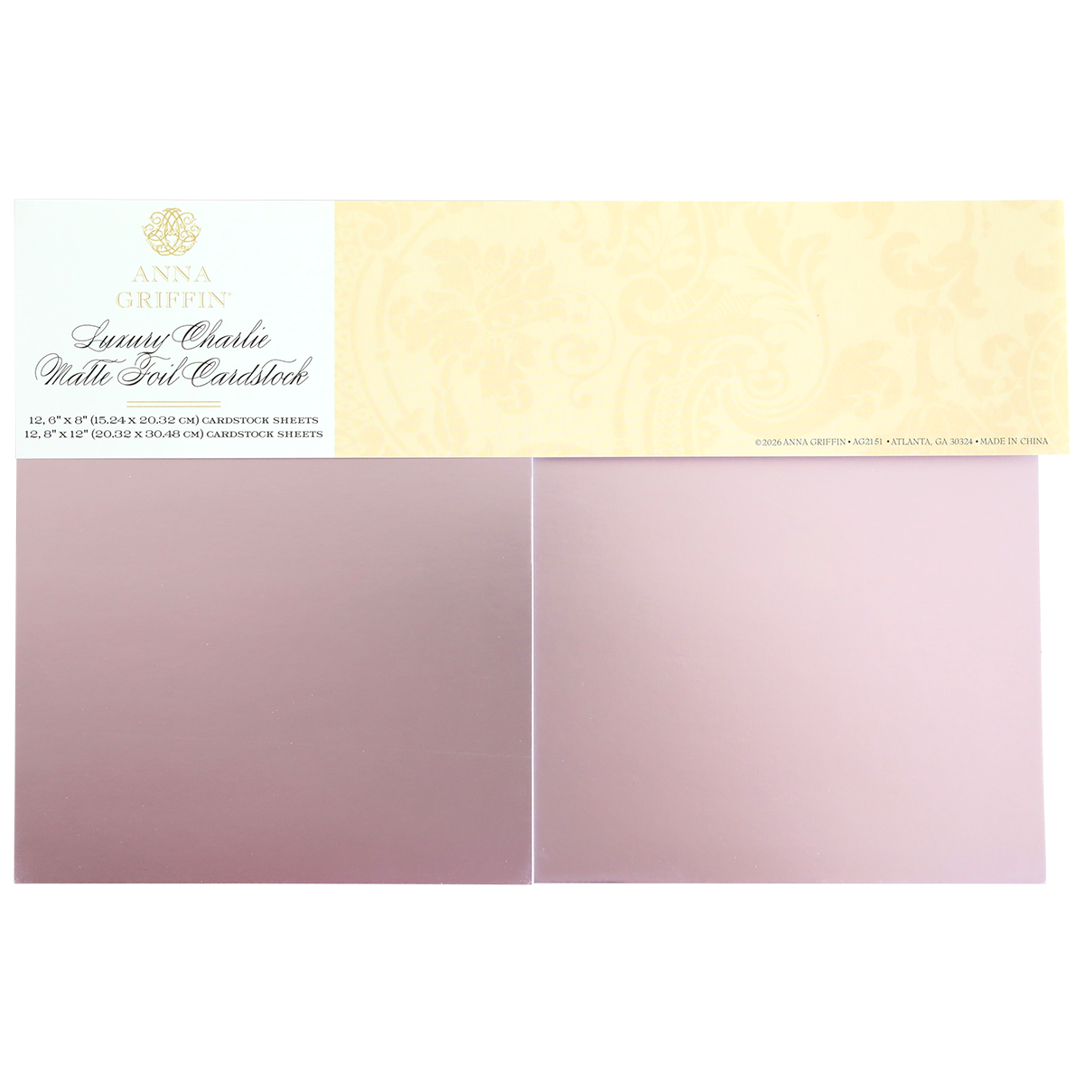 Luxury Charlie Matte Foil Cardstock in light pink comes in a pack with two rectangular sheets side by side, ideal for elegant die cuts and sophisticated crafting projects.