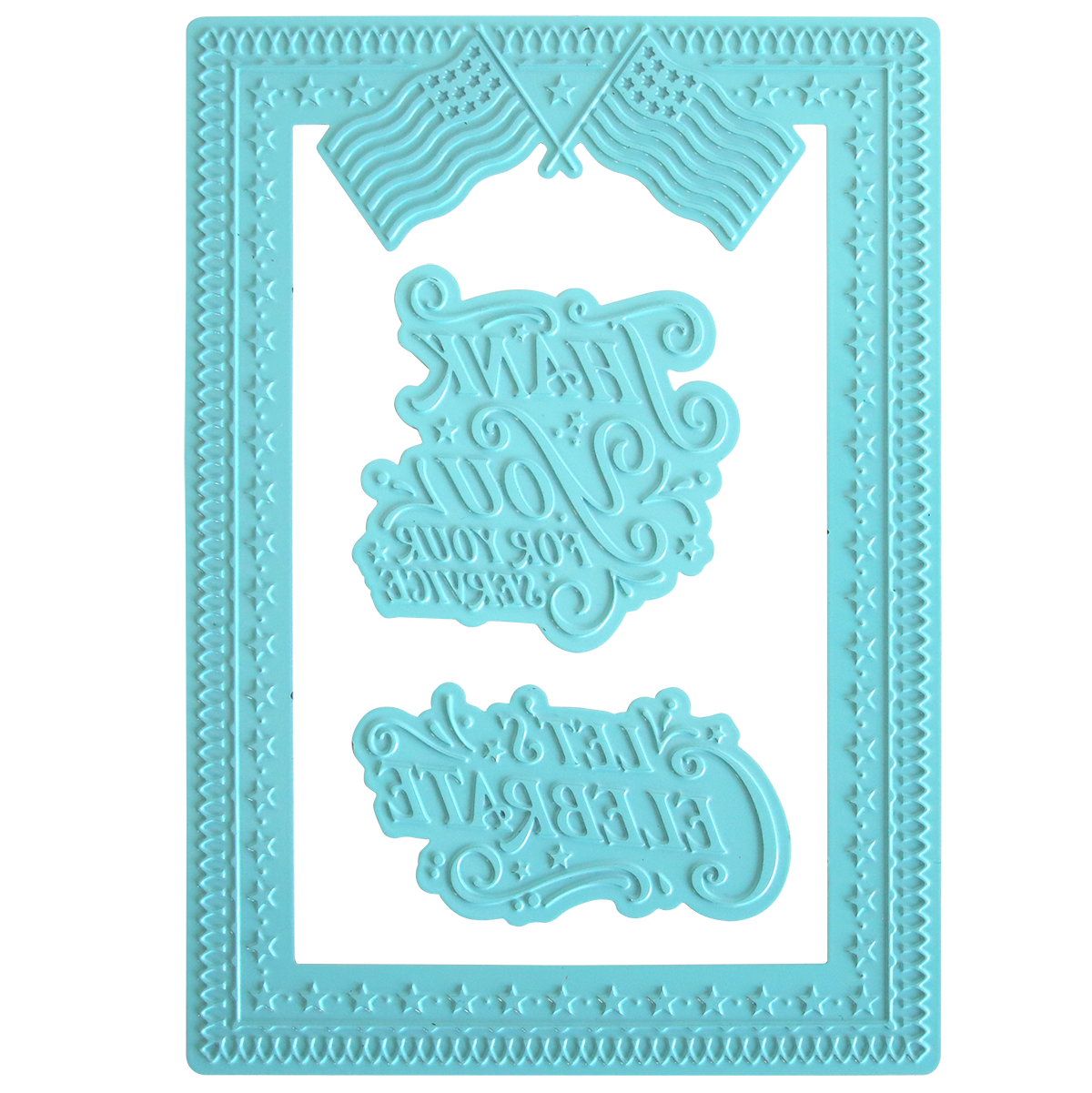Light blue silicone mold with star border and two American flags, featuring reversed text in the center—ideal for Fourth of July crafting or making a gilded Patriotic Frame for your Gilded Patriotic Frame and Sentiment Hot Foil Plates projects.