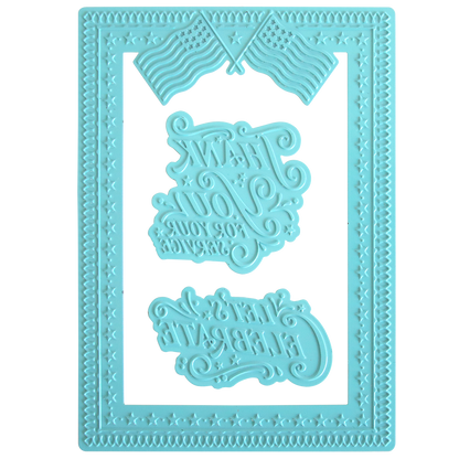 Light blue silicone mold with star border and two American flags, featuring reversed text in the center—ideal for Fourth of July crafting or making a gilded Patriotic Frame for your Gilded Patriotic Frame and Sentiment Hot Foil Plates projects.