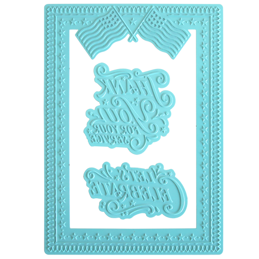 Light blue silicone mold with star border and two American flags, featuring reversed text in the center—ideal for Fourth of July crafting or making a gilded Patriotic Frame for your Gilded Patriotic Frame and Sentiment Hot Foil Plates projects.