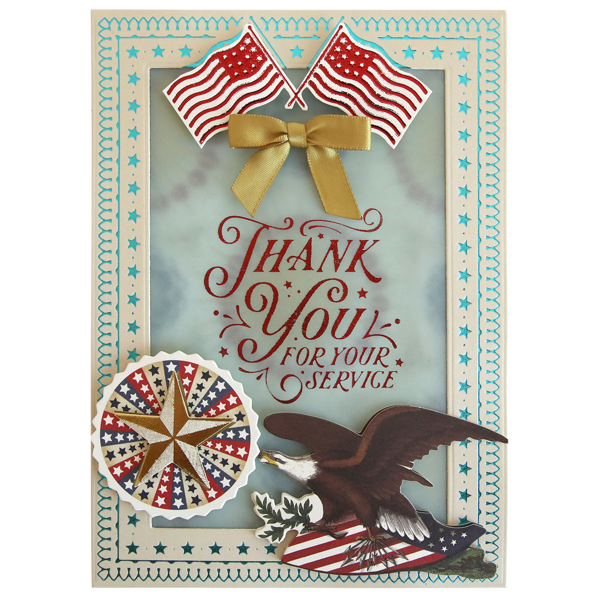 The Gilded Patriotic Frame and Sentiment Hot Foil Plates create a "Thank You For Your Service" card design with American flags, a gold bow, star, and bald eagle—ideal for Fourth of July projects or crafting patriotic cards.