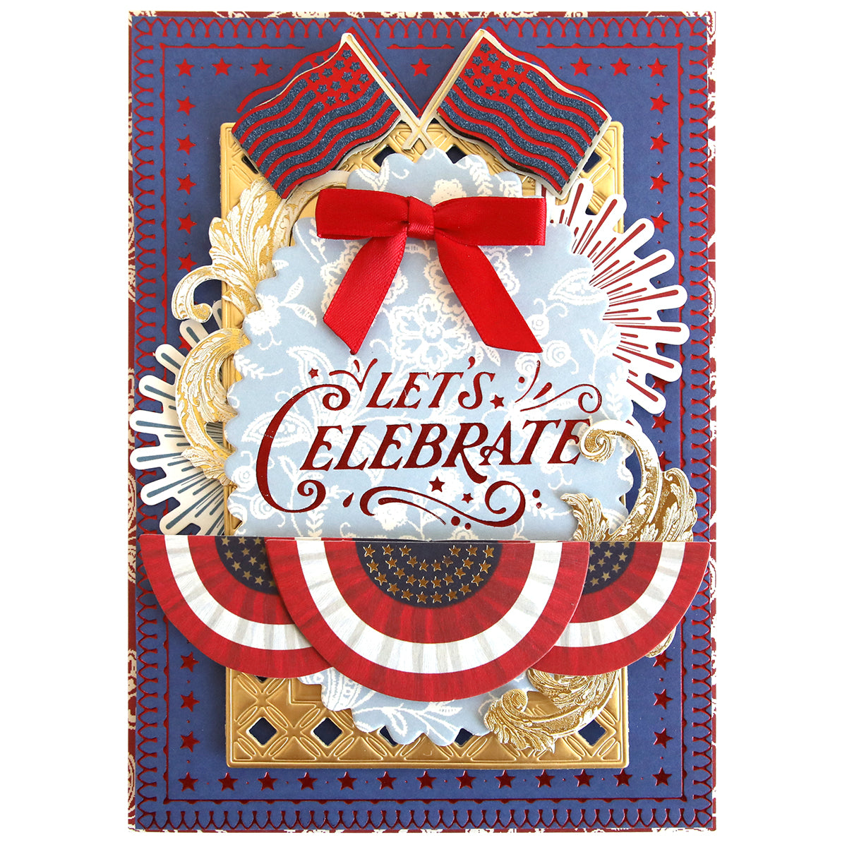 Showcase your Fourth of July spirit with the Gilded Patriotic Frame and Sentiment Hot Foil Plates—featuring "Let's Celebrate" in red, American flags, a red bow, gold accents, and bunting—ideal for crafting or display.