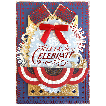 Showcase your Fourth of July spirit with the Gilded Patriotic Frame and Sentiment Hot Foil Plates—featuring "Let's Celebrate" in red, American flags, a red bow, gold accents, and bunting—ideal for crafting or display.
