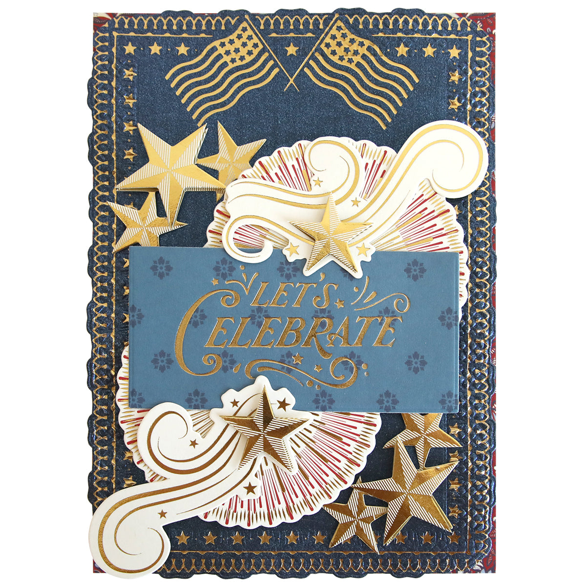 Create festive Fourth of July cards using the Gilded Patriotic Frame and Sentiment Hot Foil Plates—featuring gold stars, American flags, and “Let’s Celebrate” in gold on a blue background.