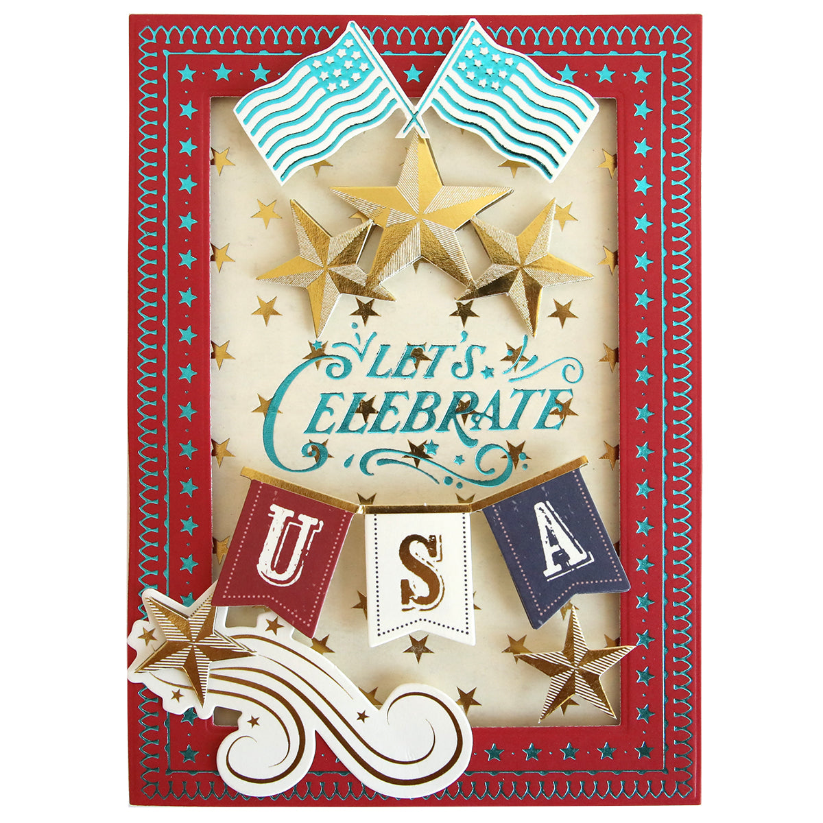 Decorative card featuring "Let's Celebrate USA," gold stars, flags, and a red, white, and blue border inspired by Gilded Patriotic Frame and Sentiment Hot Foil Plates—ideal for Fourth of July crafts or foiling projects.