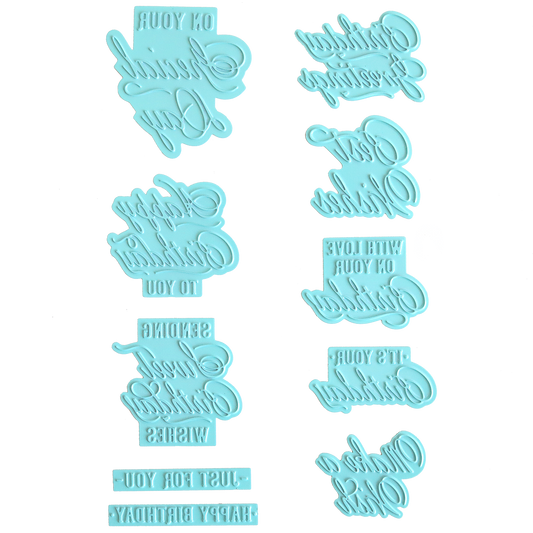 Nine Gilded Small Birthday Sentiment Foil Plates in blue, featuring mirrored plastic designs with various birthday greetings, arranged vertically on a white background. Perfect for adding a special touch to handmade cards or decorating birthday foil plates.
