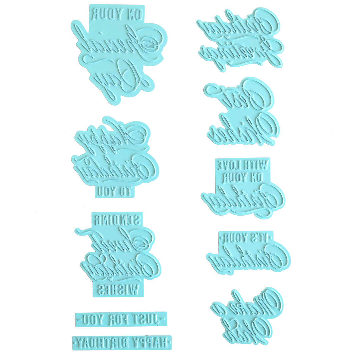 Thirty gilded small sentiment plates, featuring reversed birthday phrases, arranged vertically on a white background—perfect for pairing with the Set of 30 Gilded Small Sentiment Plates.