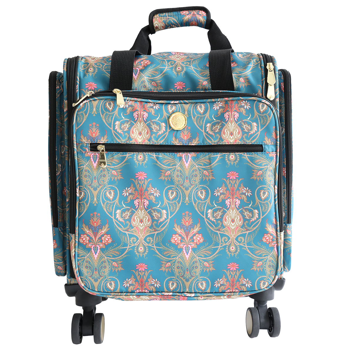 The Jasmine Rolling Craft Luggage features a teal floral and gold pattern, black handles, zippered pockets, and four swivel wheels, photographed against a white background.