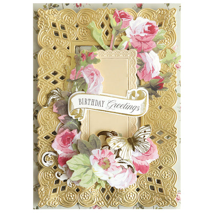 Ornate gold birthday card with floral decorations, a gold butterfly, and a "Birthday Greetings" banner—perfect for handmade card lovers and beautifully accented with Dream 3D Frame and Border Dies for an elegant finish.