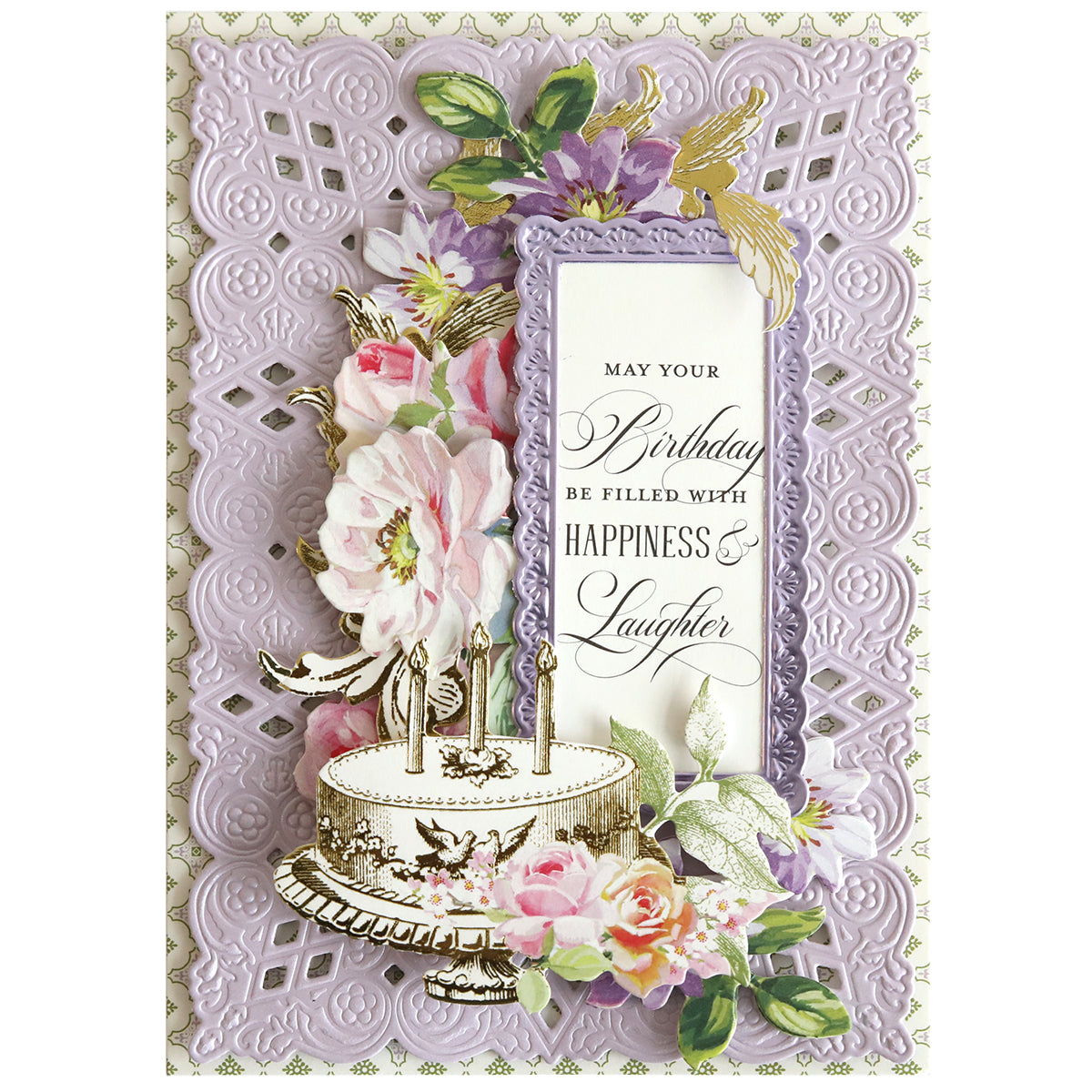 Birthday card featuring a decorative cake, flowers, gold accents, and a purple lace-like background crafted with Dream 3D Frame and Border Dies. The message: “May your birthday be filled with happiness & laughter.”.