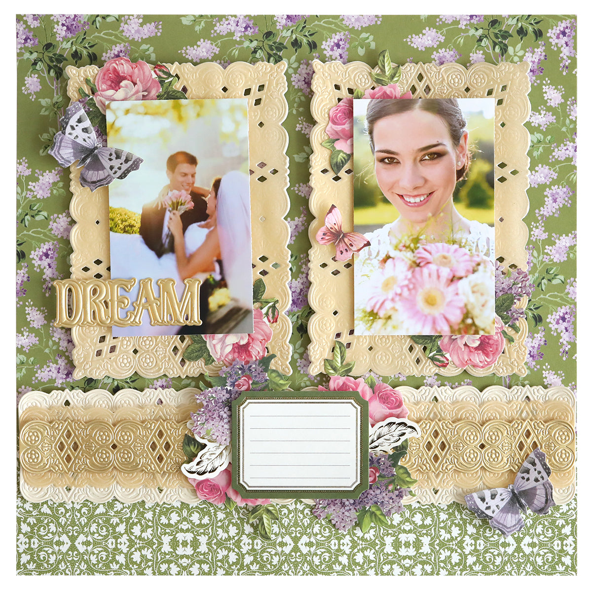 A decorative scrapbook page uses Dream 3D Frame and Border Dies to showcase wedding photos, a "DREAM" title, butterflies, florals, and a blank label, set on a green and purple floral background for added beauty.