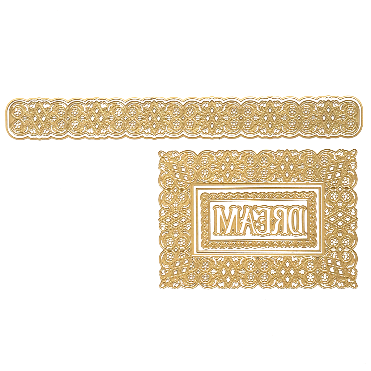 The Dream 3D Frame and Border Dies feature two ornate gold rectangular frames—one long and narrow, the other larger with "DREAM" in reverse—ideal for paper crafts or border die inspiration, set on a crisp white background.